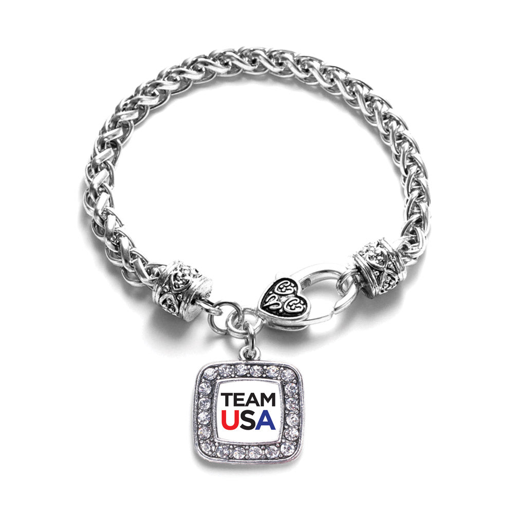 Silver White Banner Team USA Square Charm Braided Bracelet