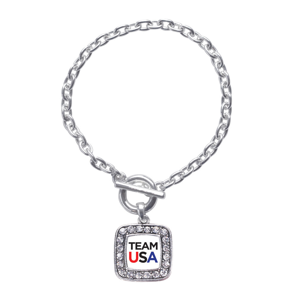 Silver White Banner Team USA Square Charm Toggle Bracelet