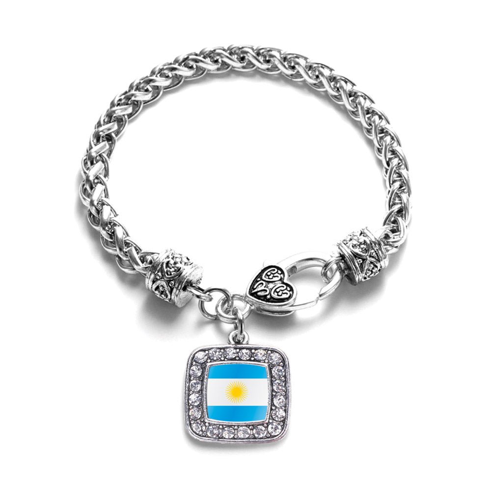 Silver Argentina Flag Square Charm Braided Bracelet