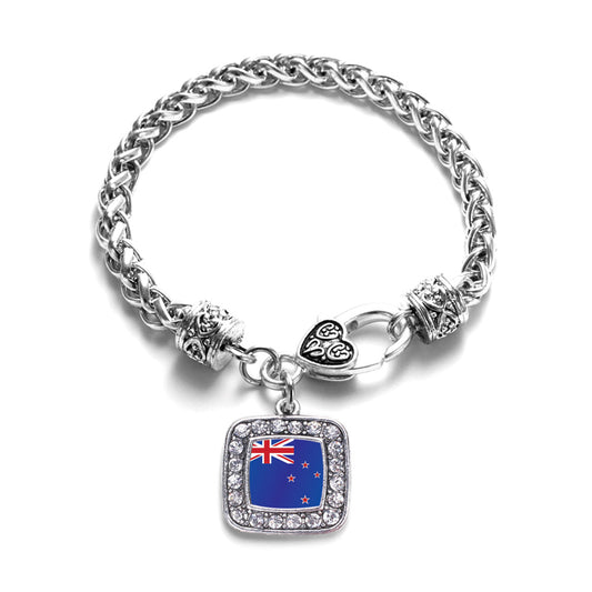 Silver New Zealand Flag Square Charm Braided Bracelet