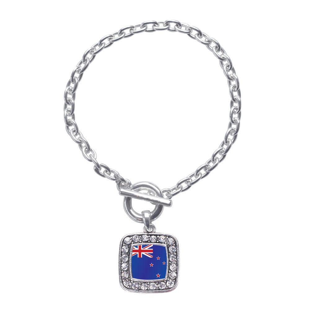 Silver New Zealand Flag Square Charm Toggle Bracelet