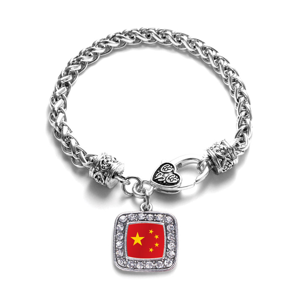 Silver China Flag Square Charm Braided Bracelet
