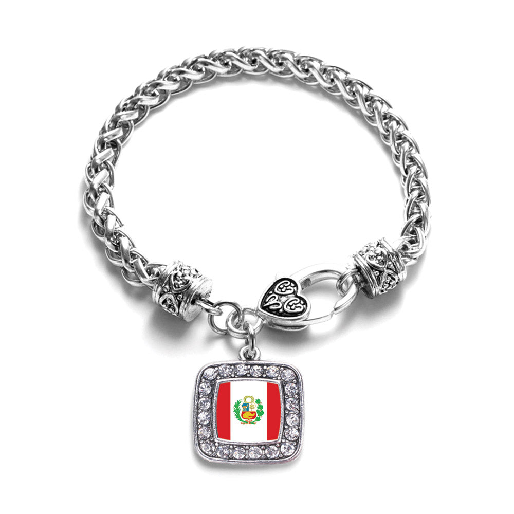 Silver Peru Flag Square Charm Braided Bracelet