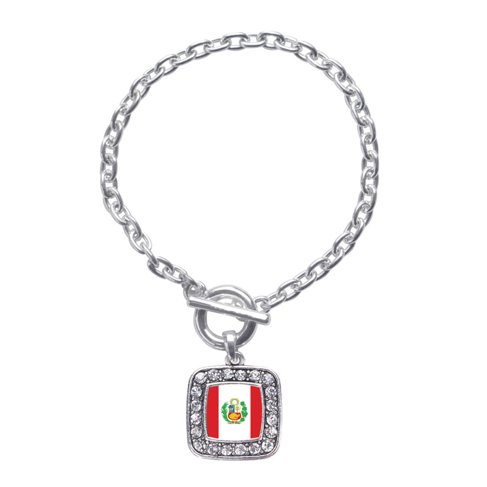 Silver Peru Flag Square Charm Toggle Bracelet