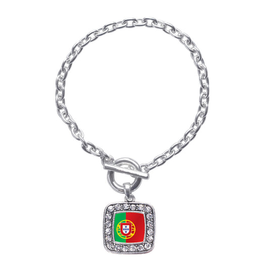 Silver Portugal Flag Square Charm Toggle Bracelet