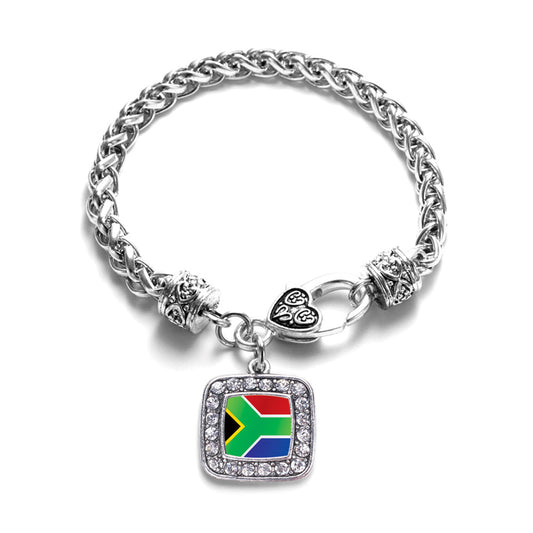 Silver South Africa Flag Square Charm Braided Bracelet
