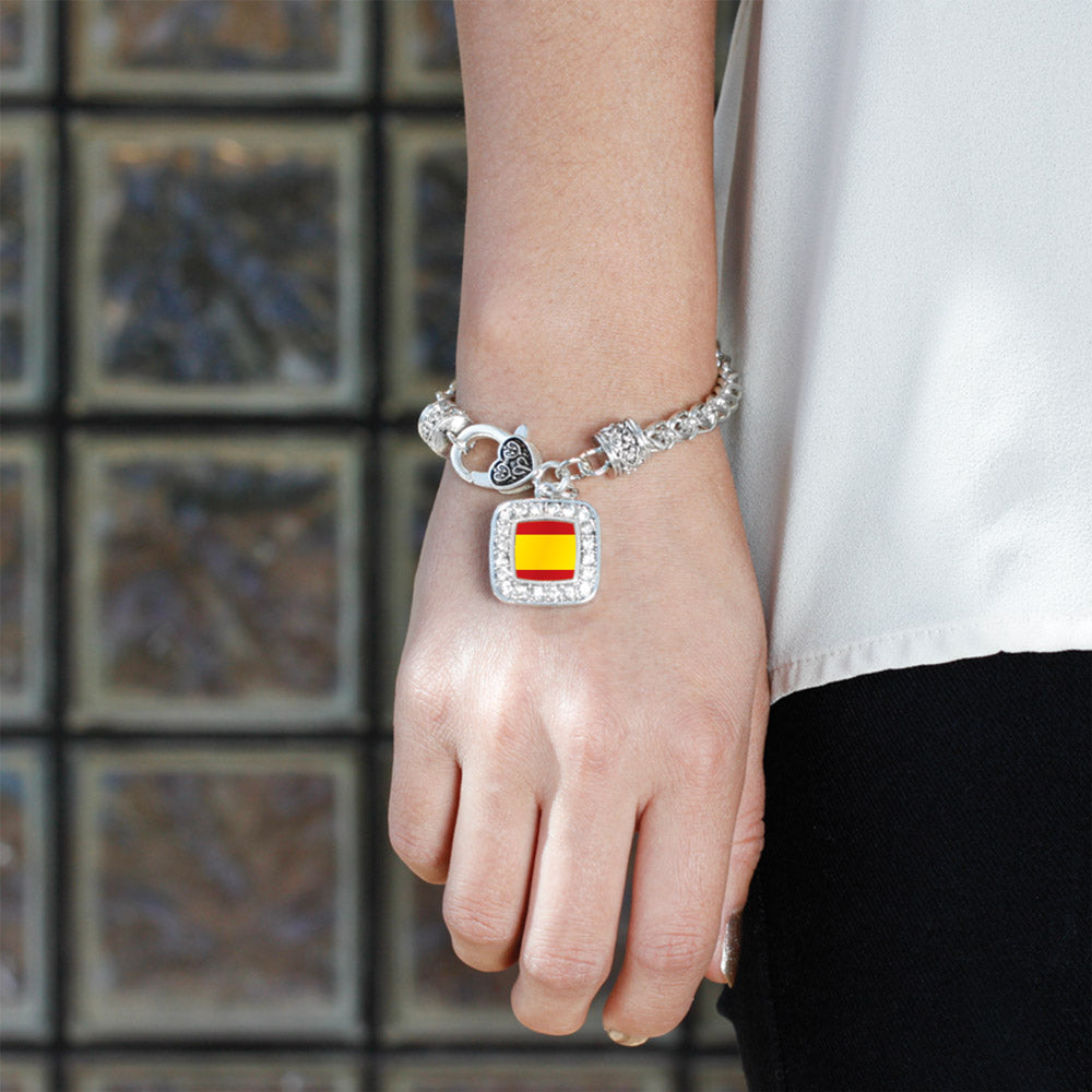 Silver Spain Flag Square Charm Braided Bracelet