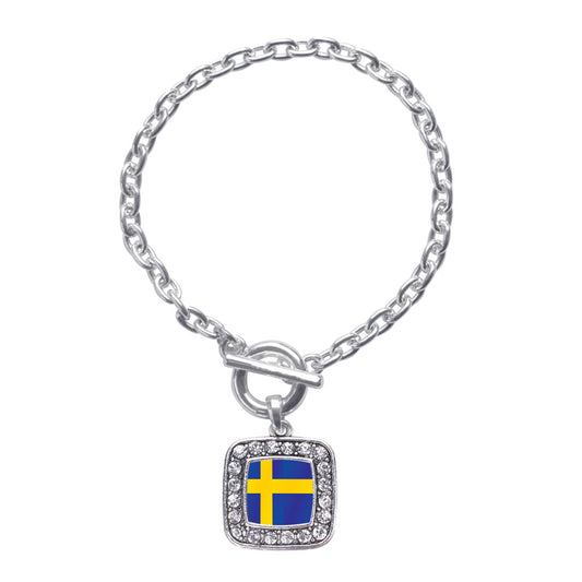 Silver Sweden Flag Square Charm Toggle Bracelet