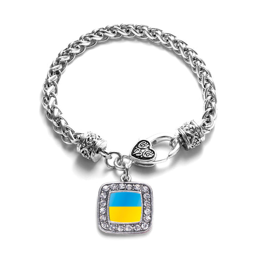Silver Ukraine Flag Square Charm Braided Bracelet
