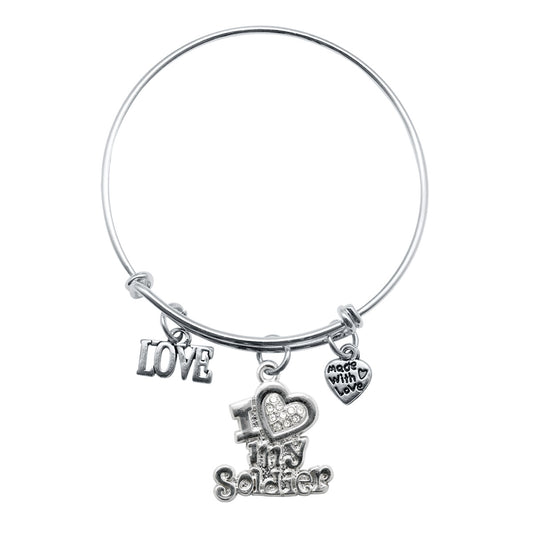 Silver Love I Love My Soldier Charm Wire Bangle Bracelet