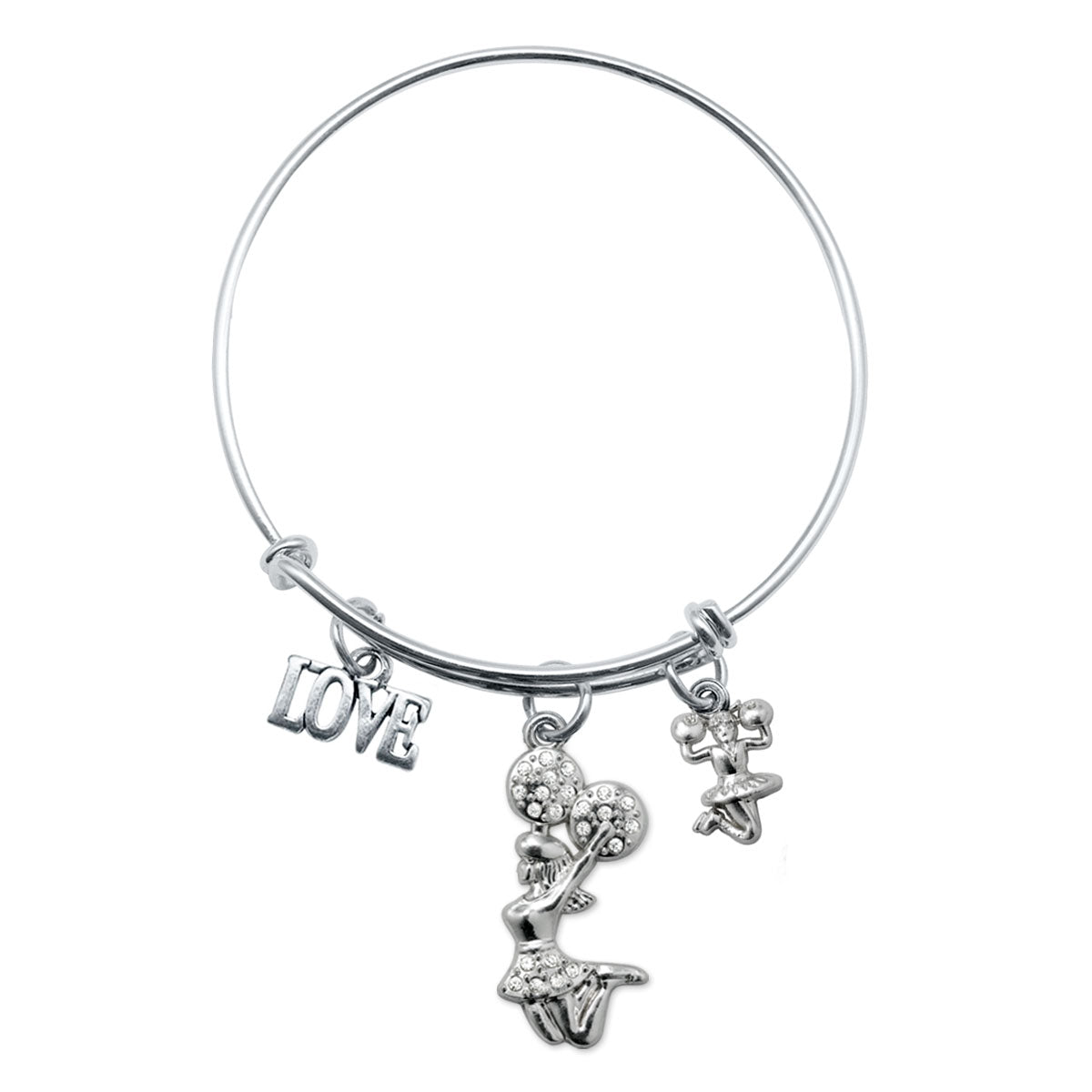 Silver Love Cheerleader Charm Wire Bangle Bracelet