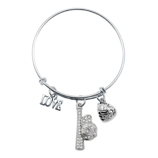Silver Love Hat and Bat Charm Wire Bangle Bracelet