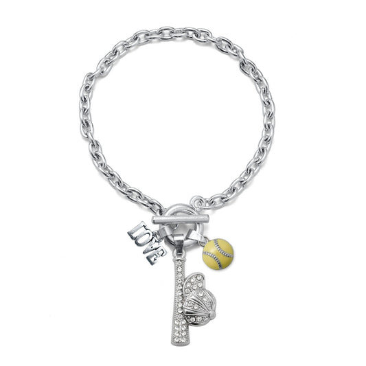 Silver Love Hat and Bat Softball Charm Toggle Bracelet