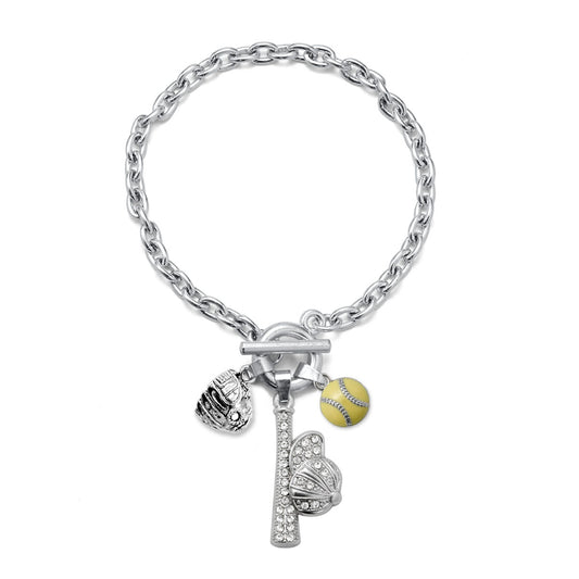 Silver Love Hat and Bat Softball Glove Charm Toggle Bracelet