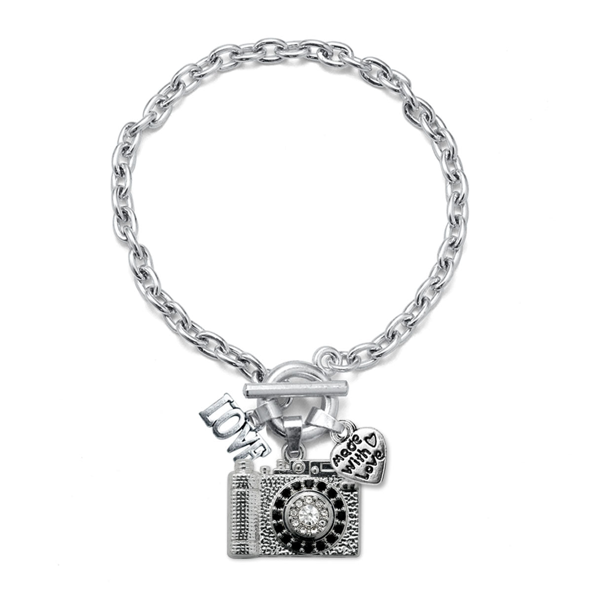 Silver Love Vintage Camera Charm Toggle Bracelet