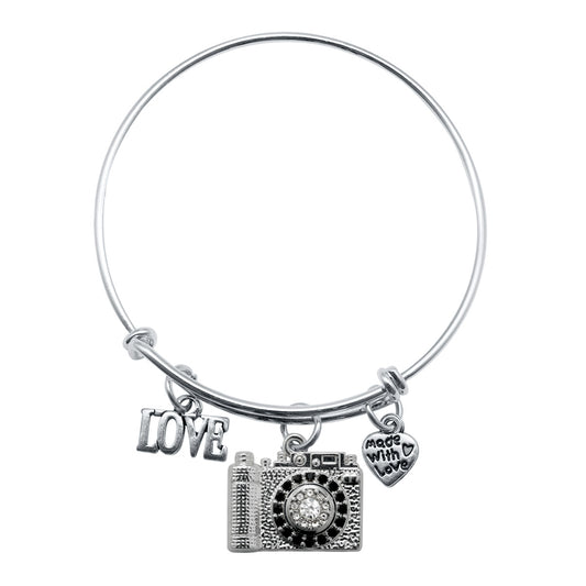 Silver Love Vintage Camera Charm Wire Bangle Bracelet