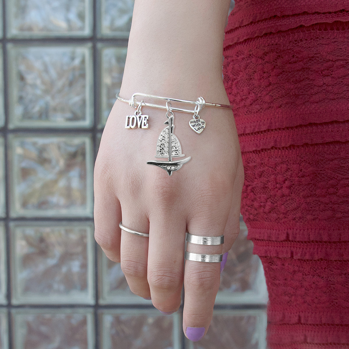 Silver Love Sail Boat Charm Wire Bangle Bracelet