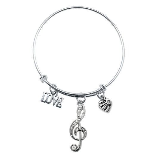 Silver Love Musical Note Charm Wire Bangle Bracelet