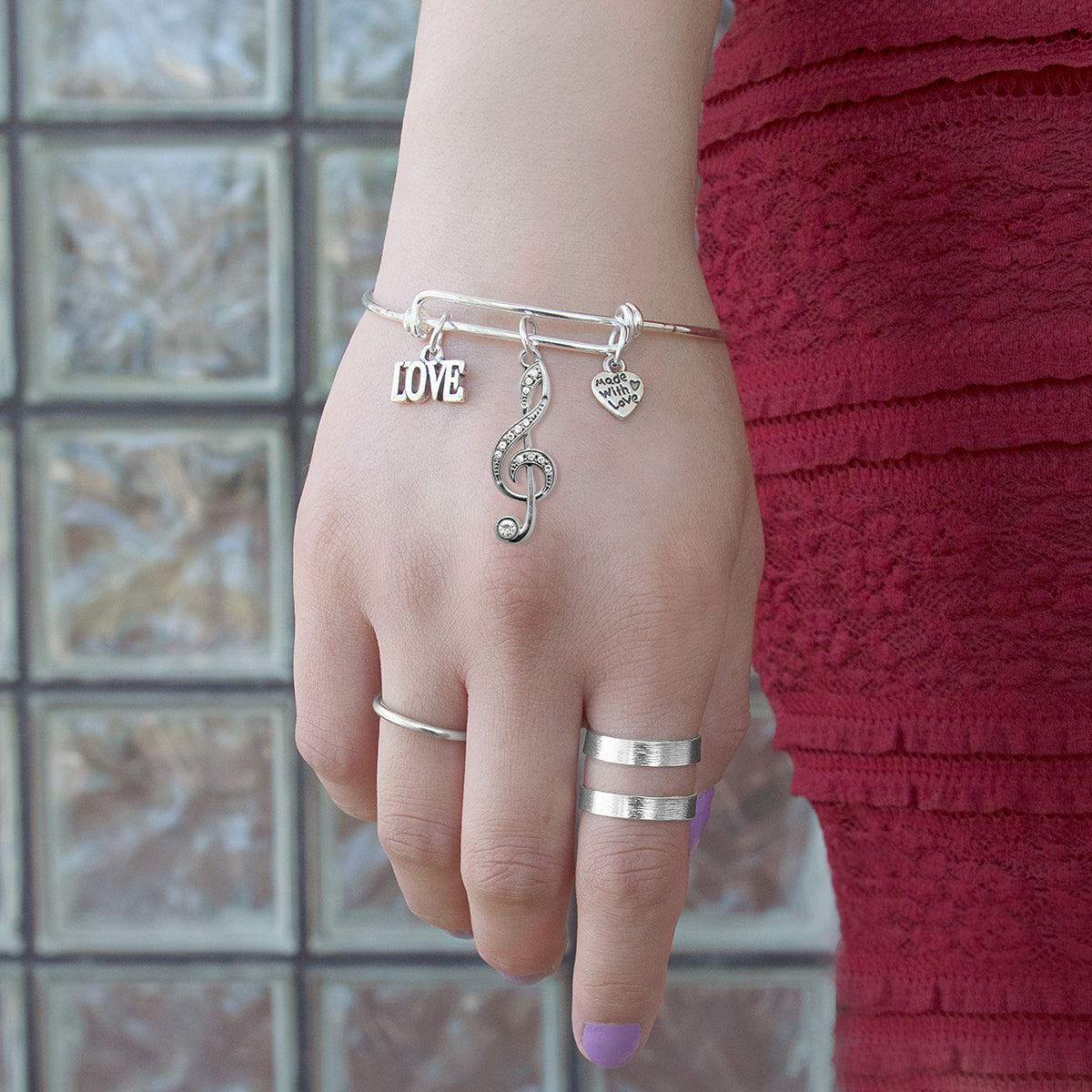 Silver Love Musical Note Charm Wire Bangle Bracelet