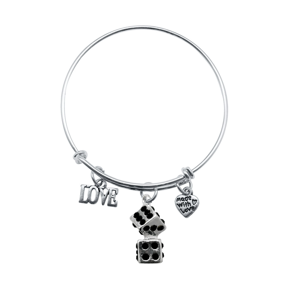 Silver Love Dice Charm Wire Bangle Bracelet