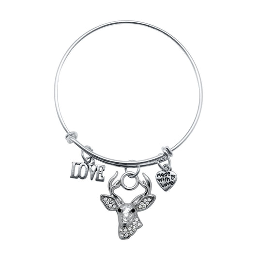 Silver Love Deer Charm Wire Bangle Bracelet