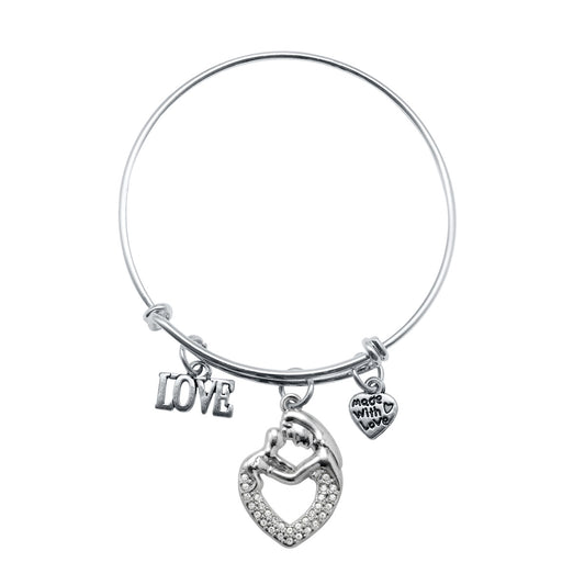 Silver Love Mother and Child Charm Wire Bangle Bracelet