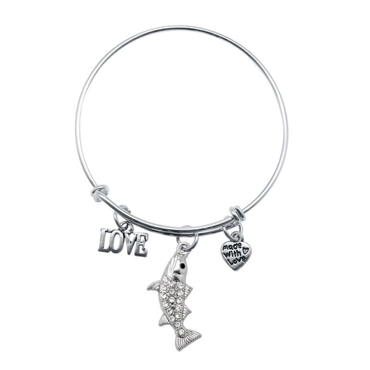 Silver Love Fish Charm Wire Bangle Bracelet