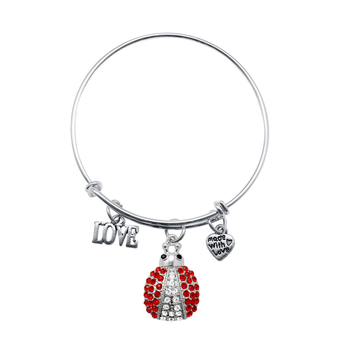 Silver Love Lady Bug Charm Wire Bangle Bracelet