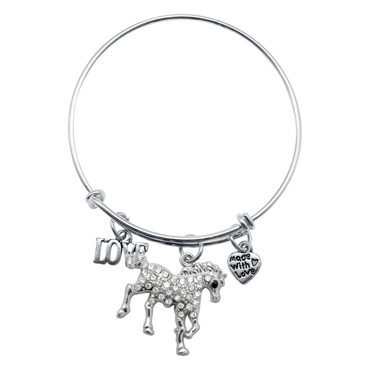 Silver Love Galloping Horse Charm Wire Bangle Bracelet