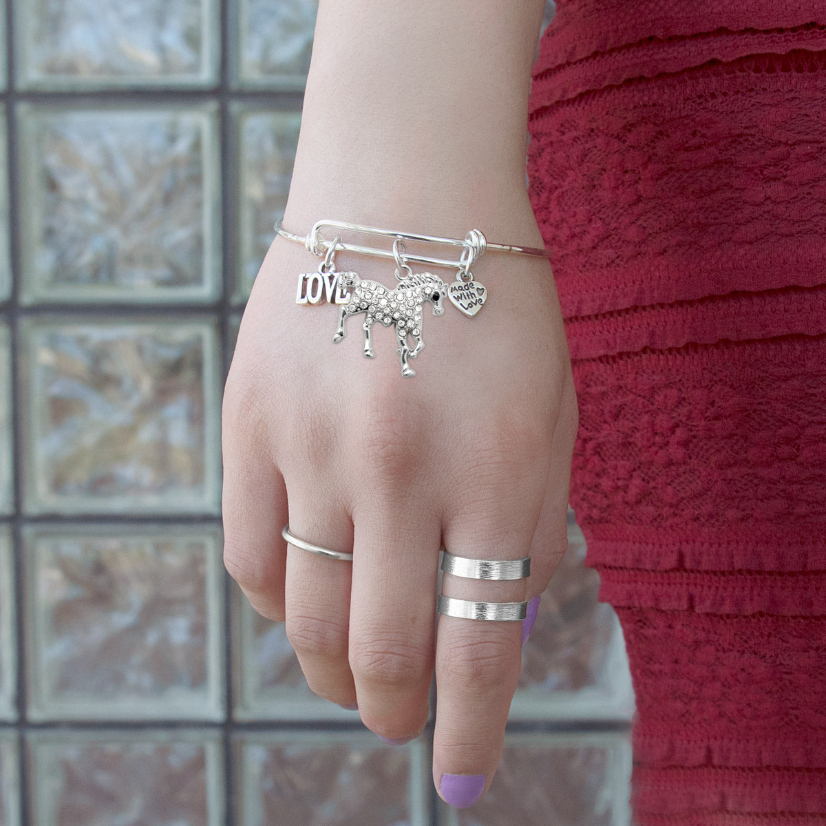 Silver Love Galloping Horse Charm Wire Bangle Bracelet