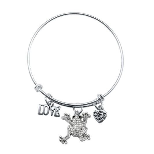 Silver Love Frog Charm Wire Bangle Bracelet