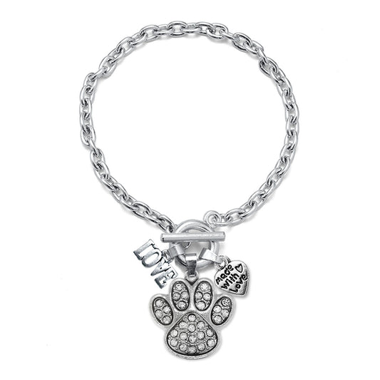 Silver Love Pave Paw Print Charm Toggle Bracelet
