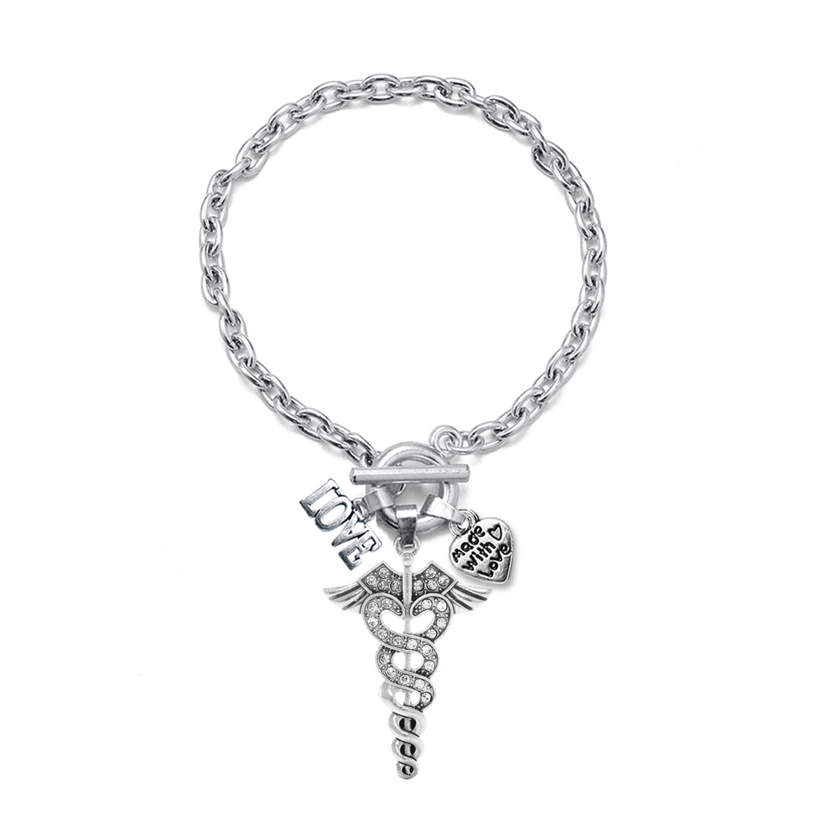 Silver Love Pave Medical Symbol Charm Toggle Bracelet