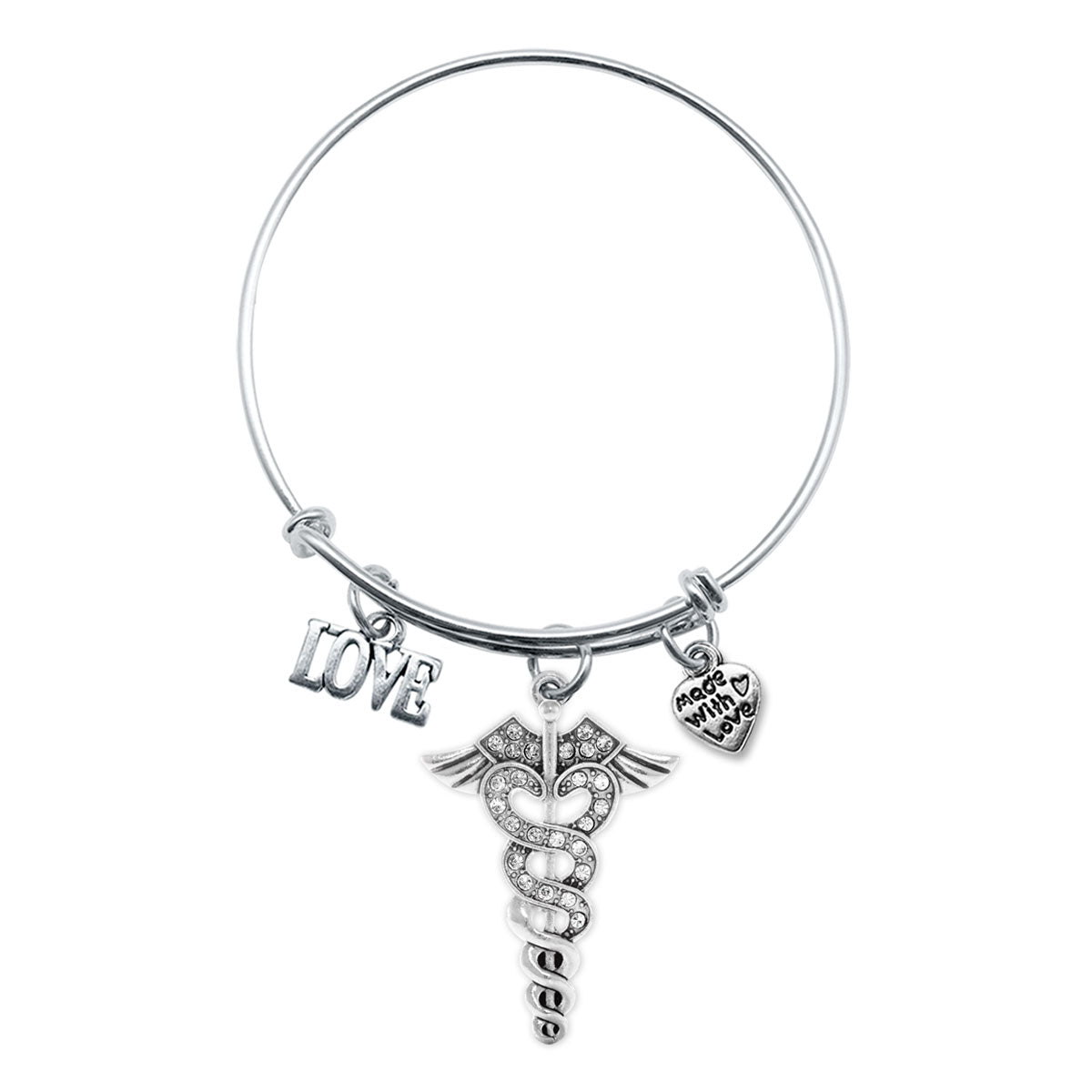 Silver Love Pave Medical Symbol Charm Wire Bangle Bracelet