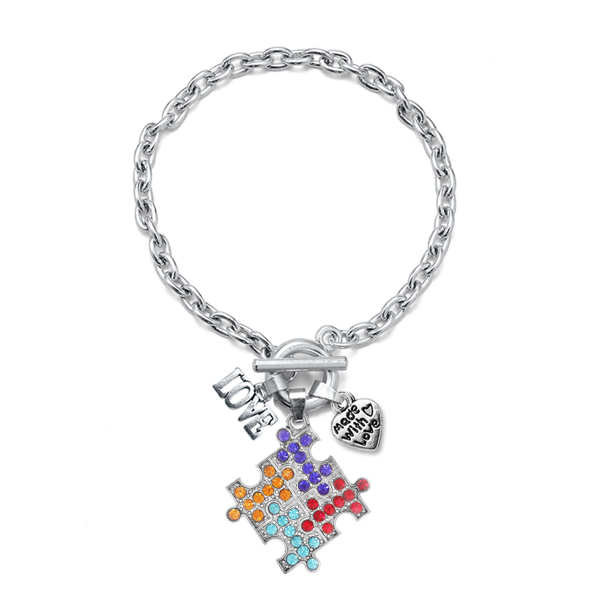 Silver Love Pave Autism Jigsaw Charm Toggle Bracelet