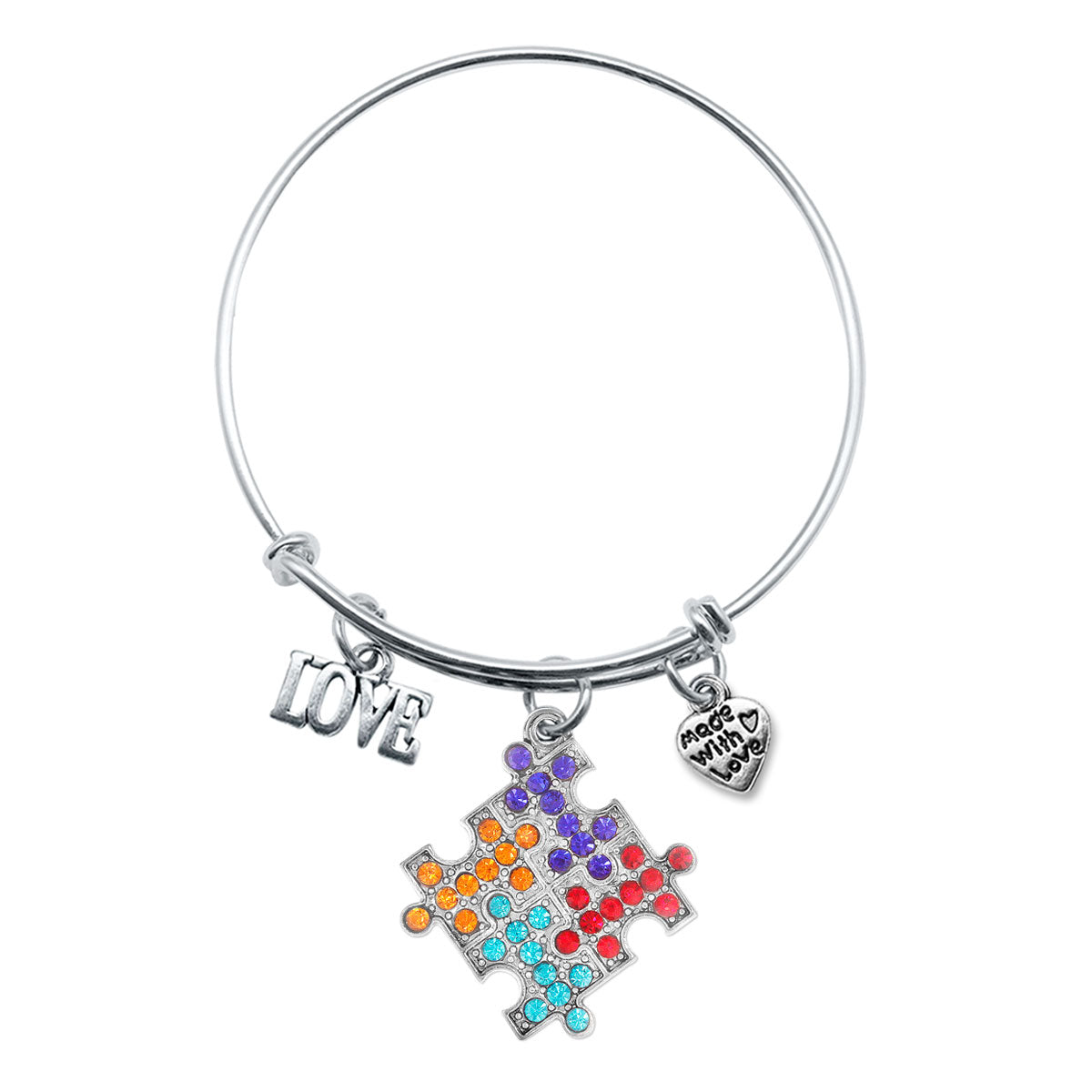 Silver Love Pave Autism Jigsaw Charm Wire Bangle Bracelet