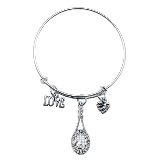 Silver Love Pave Tennis Charm Wire Bangle Bracelet