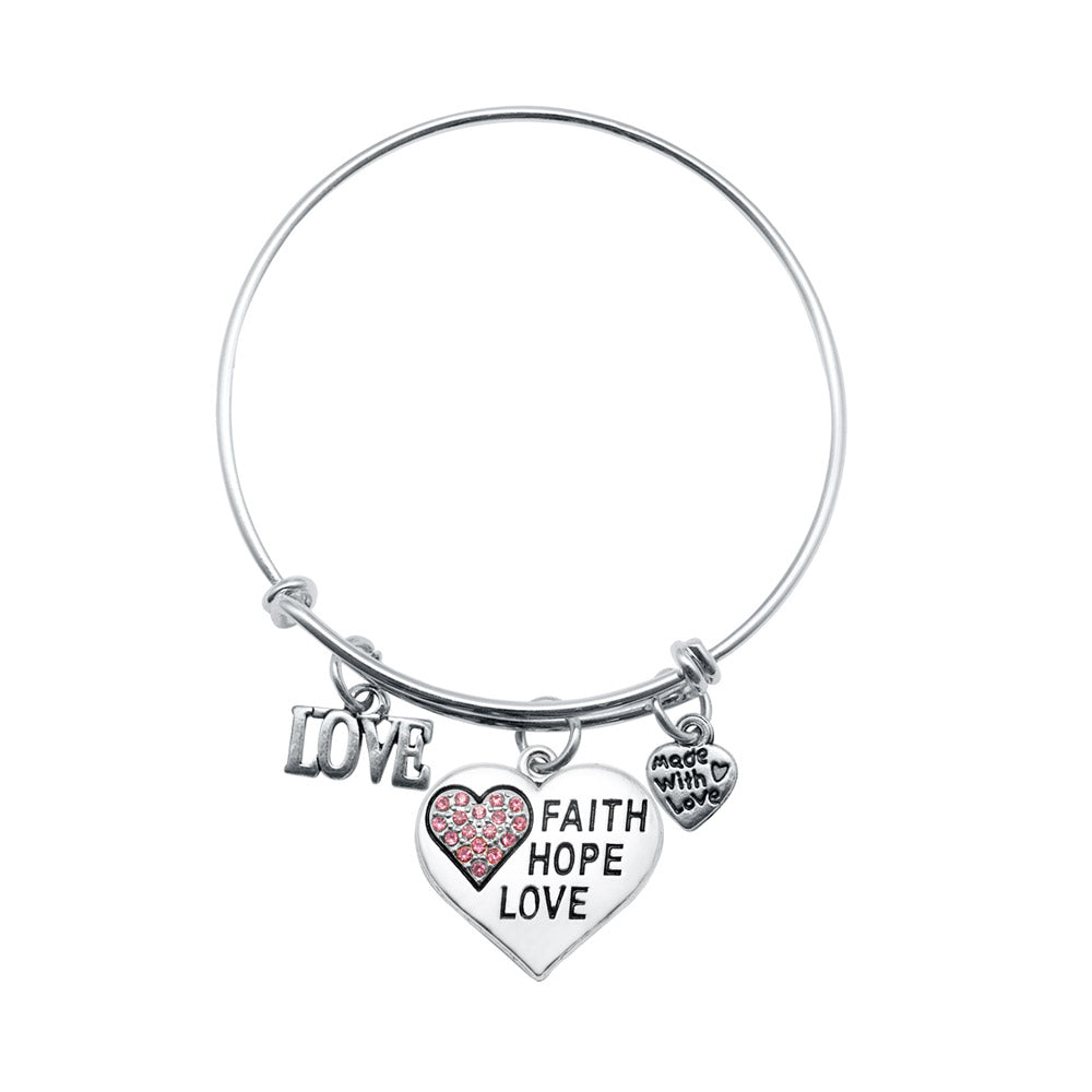 Silver Faith Hope Love Heart Charm Wire Bangle Bracelet