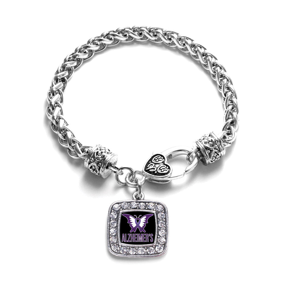 Silver Alzheimers Awareness Square Charm Braided Bracelet