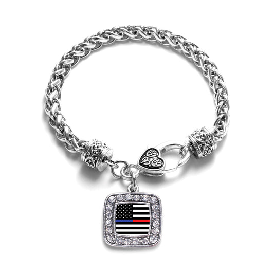 Silver Thin Blue Line and Thin Red Line American Flag Square Charm Braided Bracelet