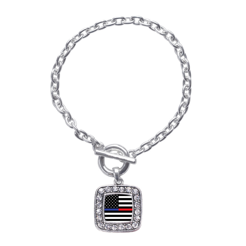 Silver Thin Blue Line and Thin Red Line American Flag Square Charm Toggle Bracelet