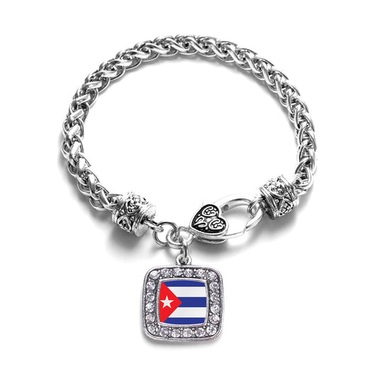 Silver Cuba Flag Square Charm Braided Bracelet