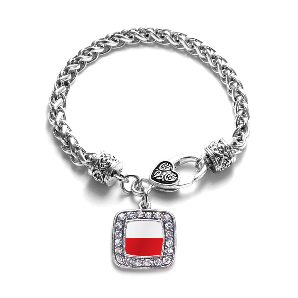 Silver Poland Flag Square Charm Braided Bracelet