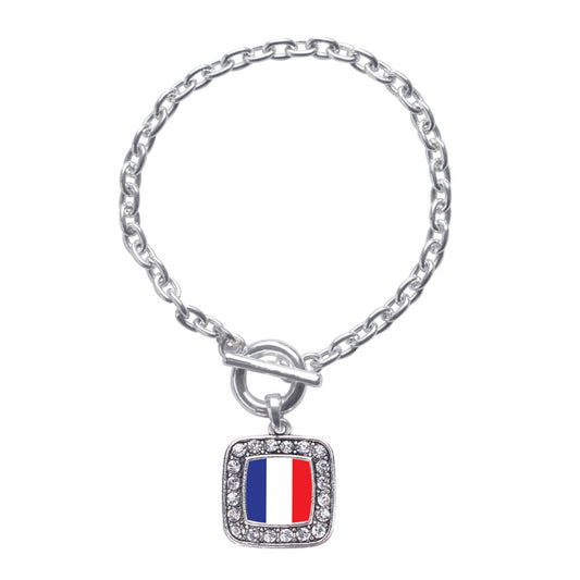 Silver France Flag Square Charm Toggle Bracelet