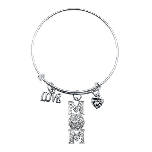 Silver Volleyball Mom Charm Wire Bangle Bracelet