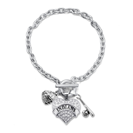Silver Indians Baseball Bat and Glove Pave Heart Charm Toggle Bracelet