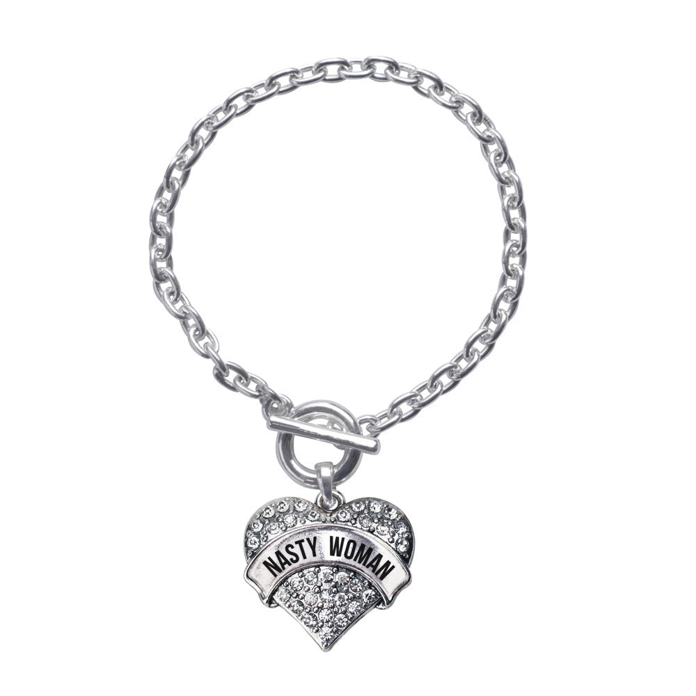 Silver Nasty Woman Pave Heart Charm Toggle Bracelet