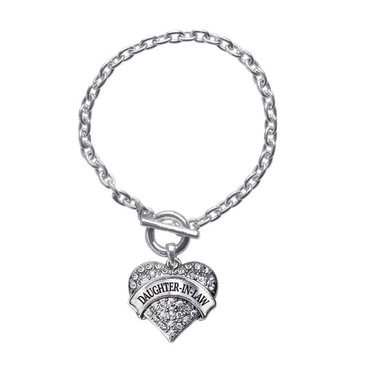 Silver Daughter-In-Law Pave Heart Charm Toggle Bracelet