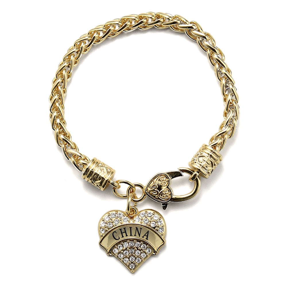 Gold China Pave Heart Charm Braided Bracelet
