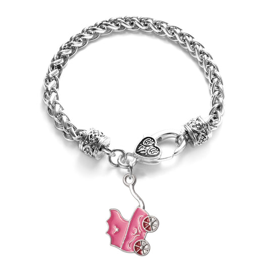 Silver Pink Stroller Charm Braided Bracelet